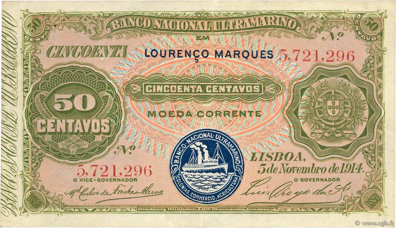 50 Centavos MOZAMBIQUE  1914 P.061 VF+