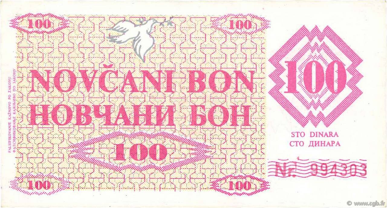 100 Dinara BOSNIE HERZÉGOVINE Zenica 1992 P.006g TTB