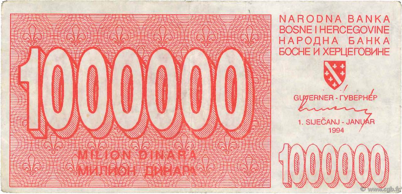 1000000 Dinara BOSNIA HERZEGOVINA  1994 P.033a VF