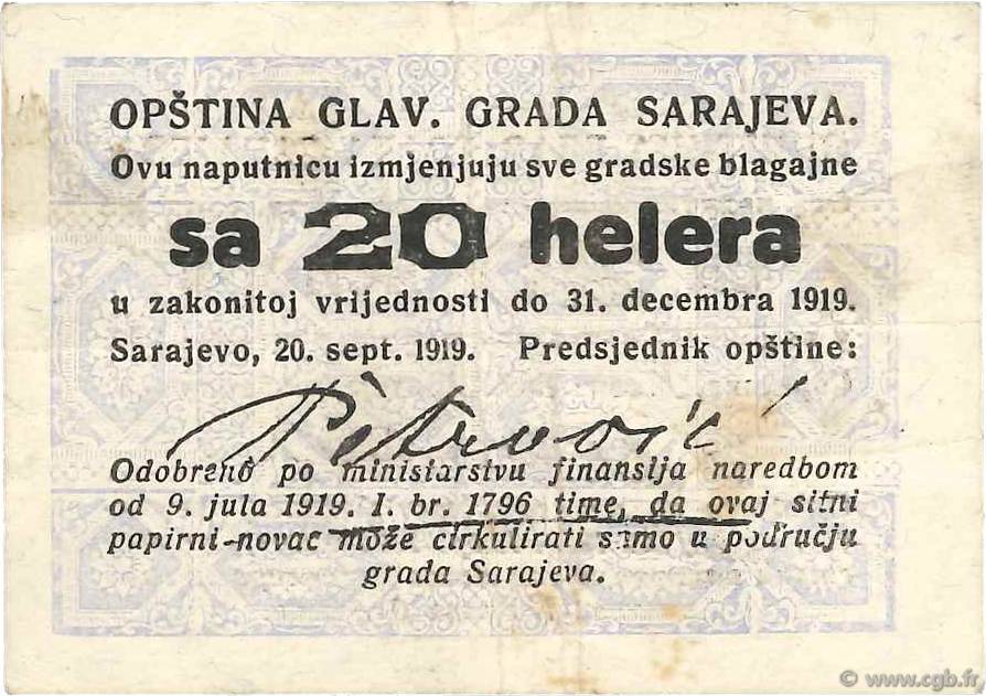 20 Helera YOUGOSLAVIE Sarajevo 1919 P.- TTB