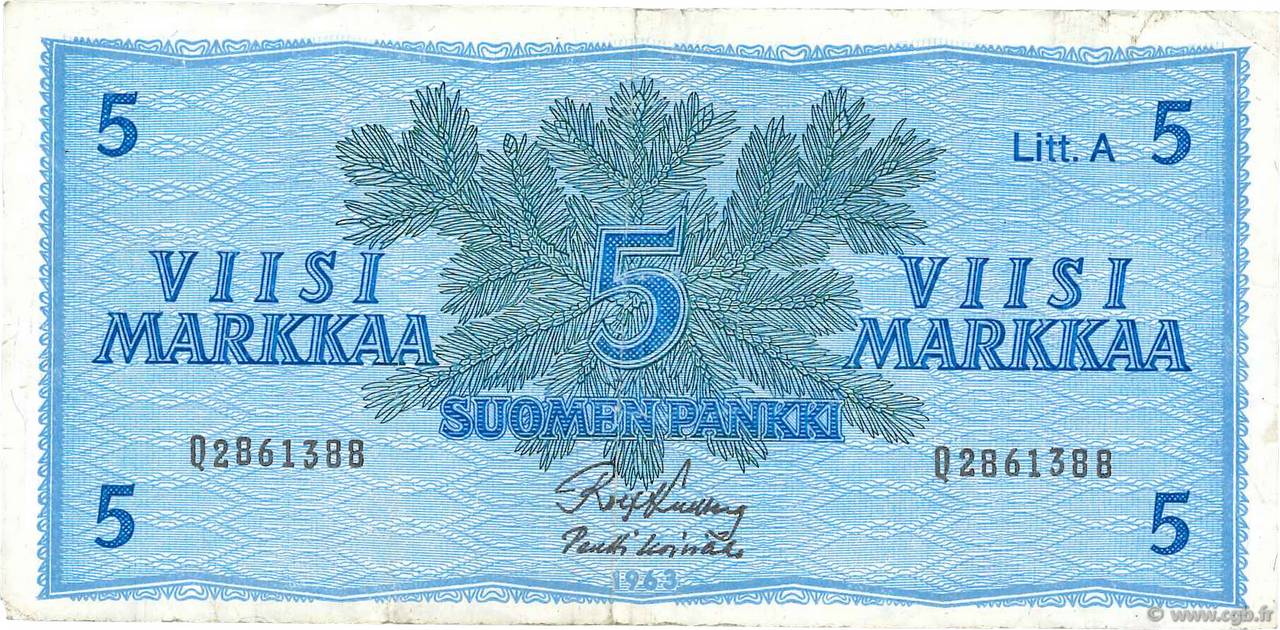 5 Markkaa FINLANDE  1963 P.103a TTB