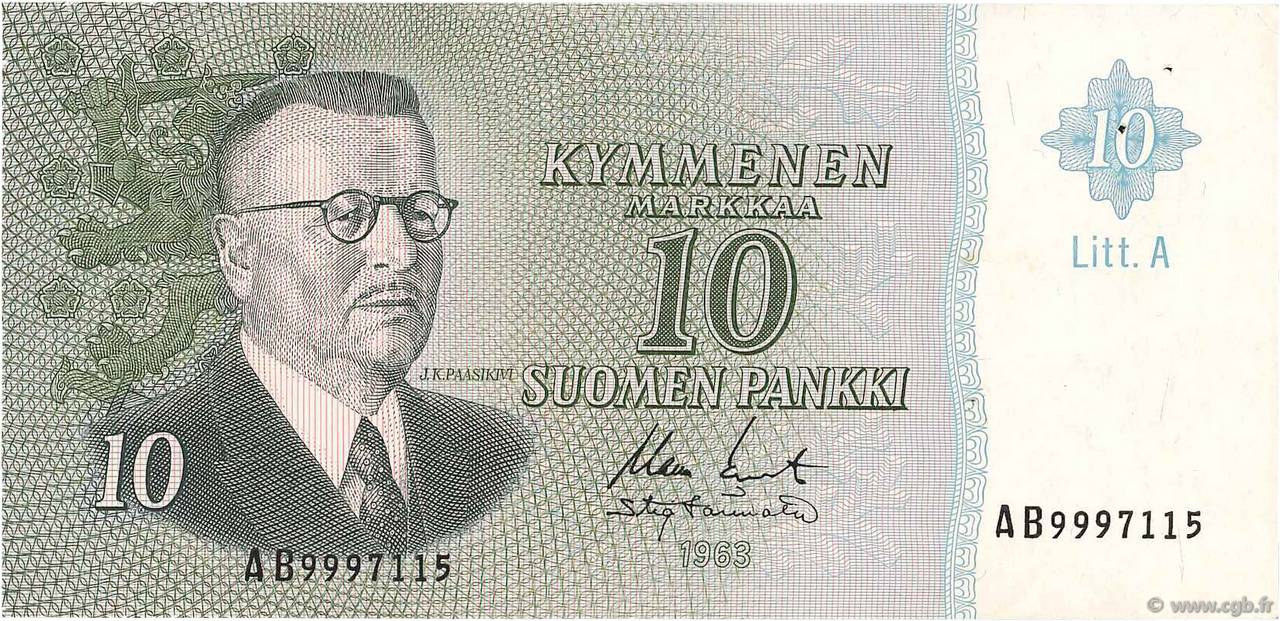 10 Markkaa FINLANDIA  1963 P.104a q.SPL