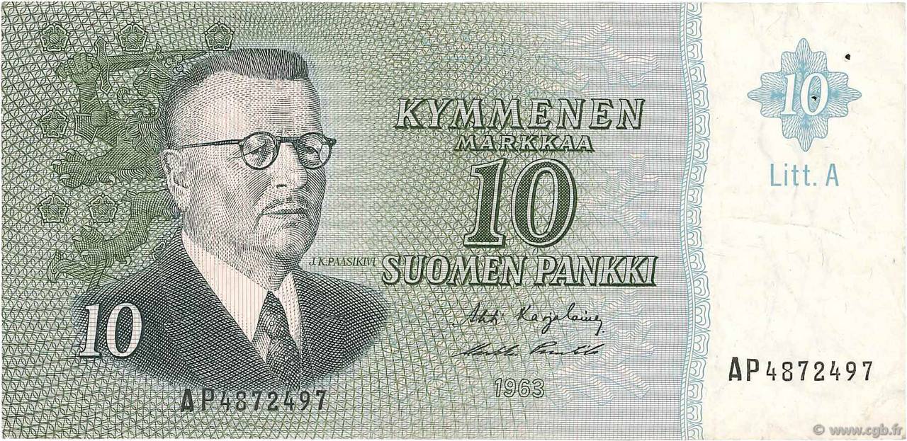 10 Markkaa FINLAND  1963 P.104a VF