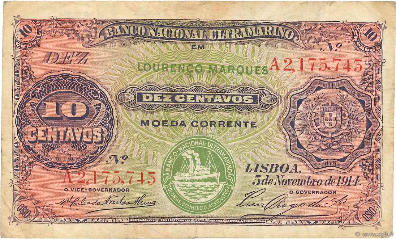 10 Centavos MOZAMBIQUE  1914 P.059 TB+