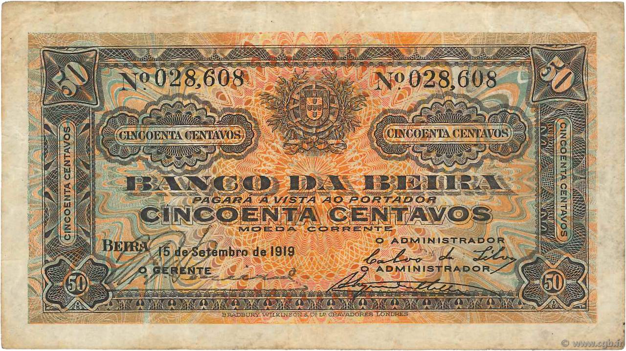50 Centavos MOZAMBIQUE Beira 1919 P.R03a TB