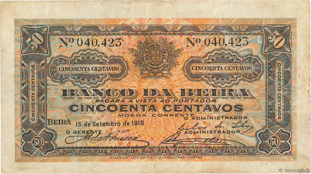50 Centavos MOZAMBIQUE Beira 1919 P.R03b pr.TTB