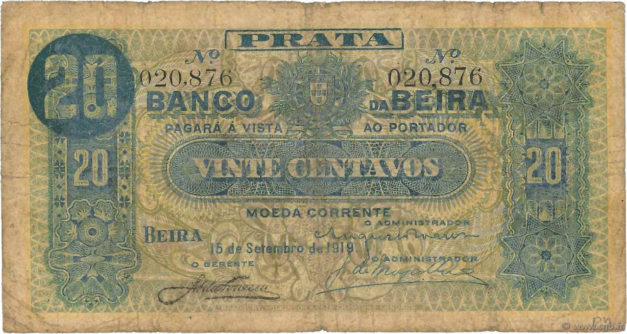 20 Centavos MOZAMBIQUE Beira 1919 P.R02a G