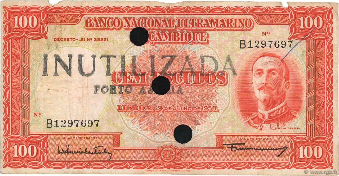 100 Escudos Annulé MOZAMBIQUE 1958 P.107 TB