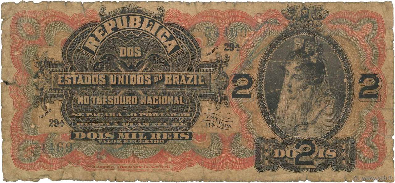 2 Mil Reis BRAZIL  1918 P.013a P