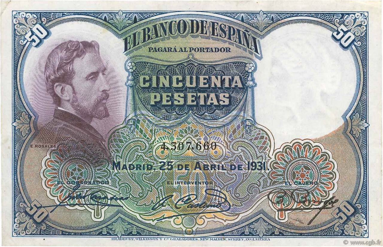 50 Pesetas SPAIN  1931 P.082 XF-
