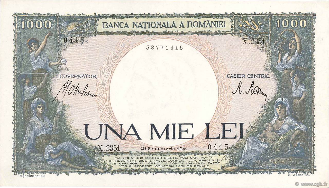 1000 Lei ROMANIA  1941 P.052a AU-