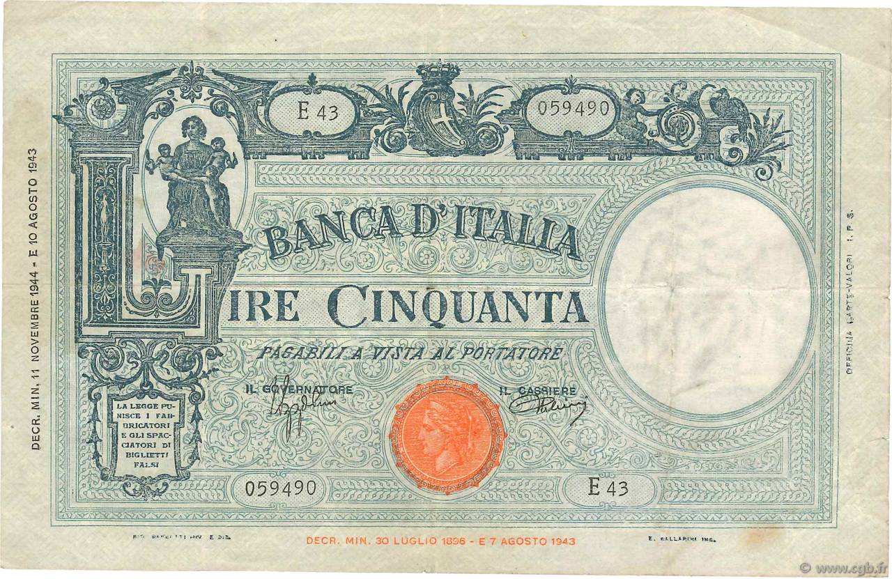 50 Lire ITALIE  1944 P.065 TB