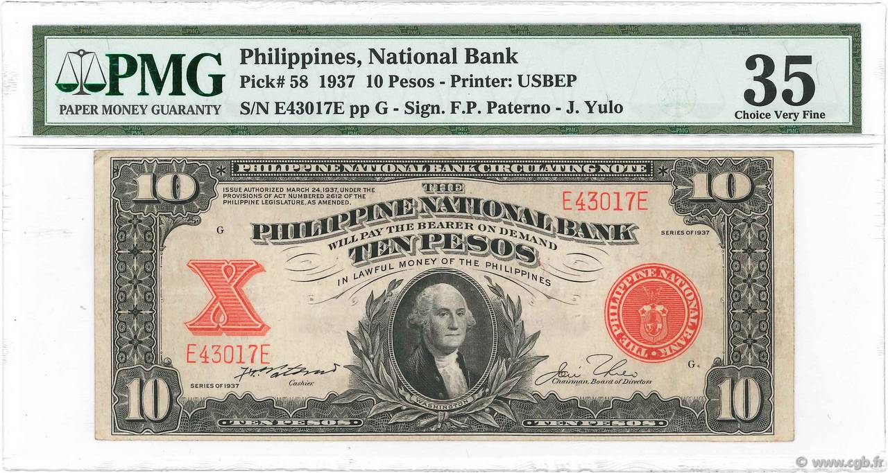10 Pesos PHILIPPINES 1937 P.058 VF