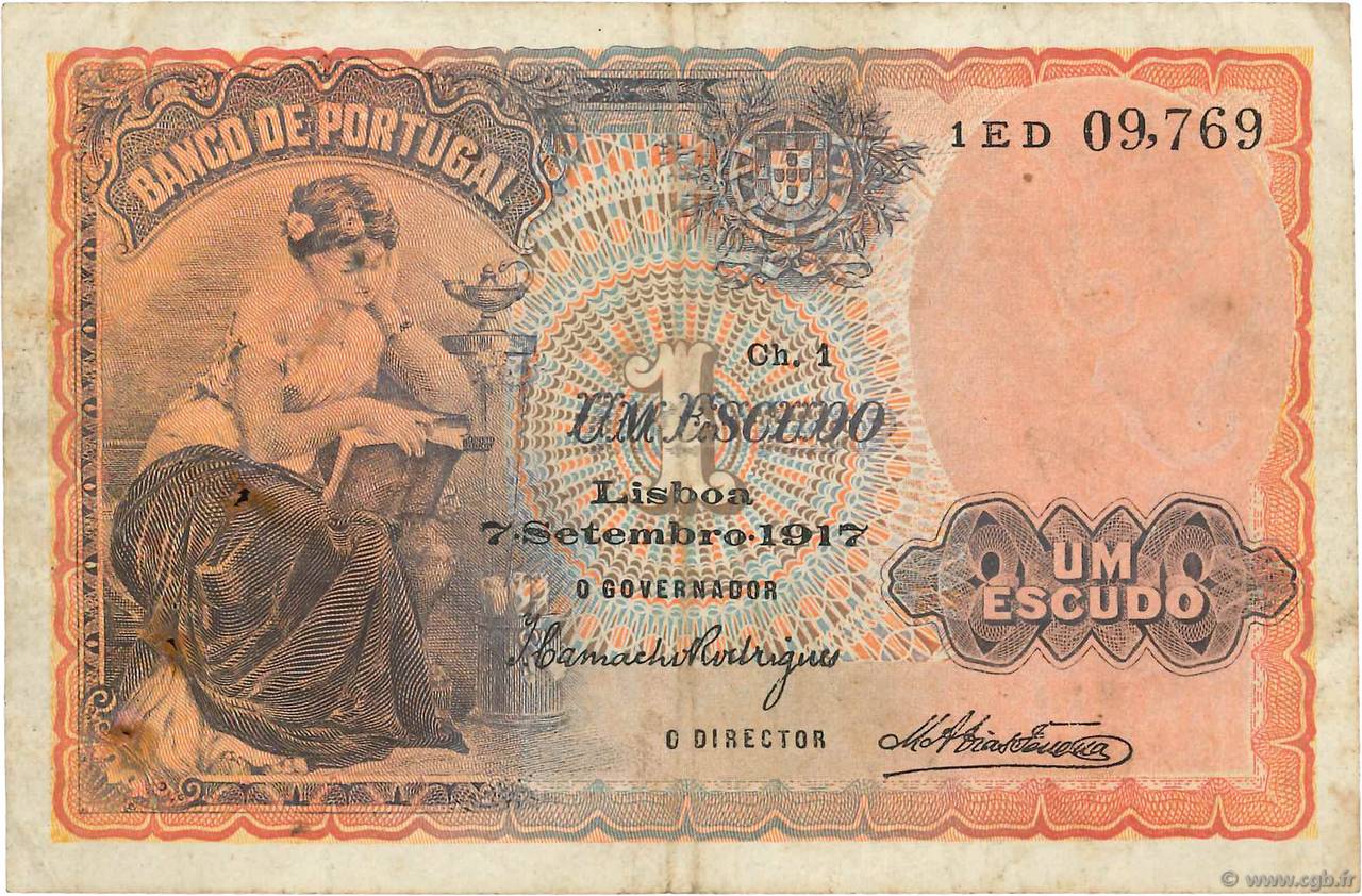 1 Escudo PORTUGAL 1917 P.113a TB+