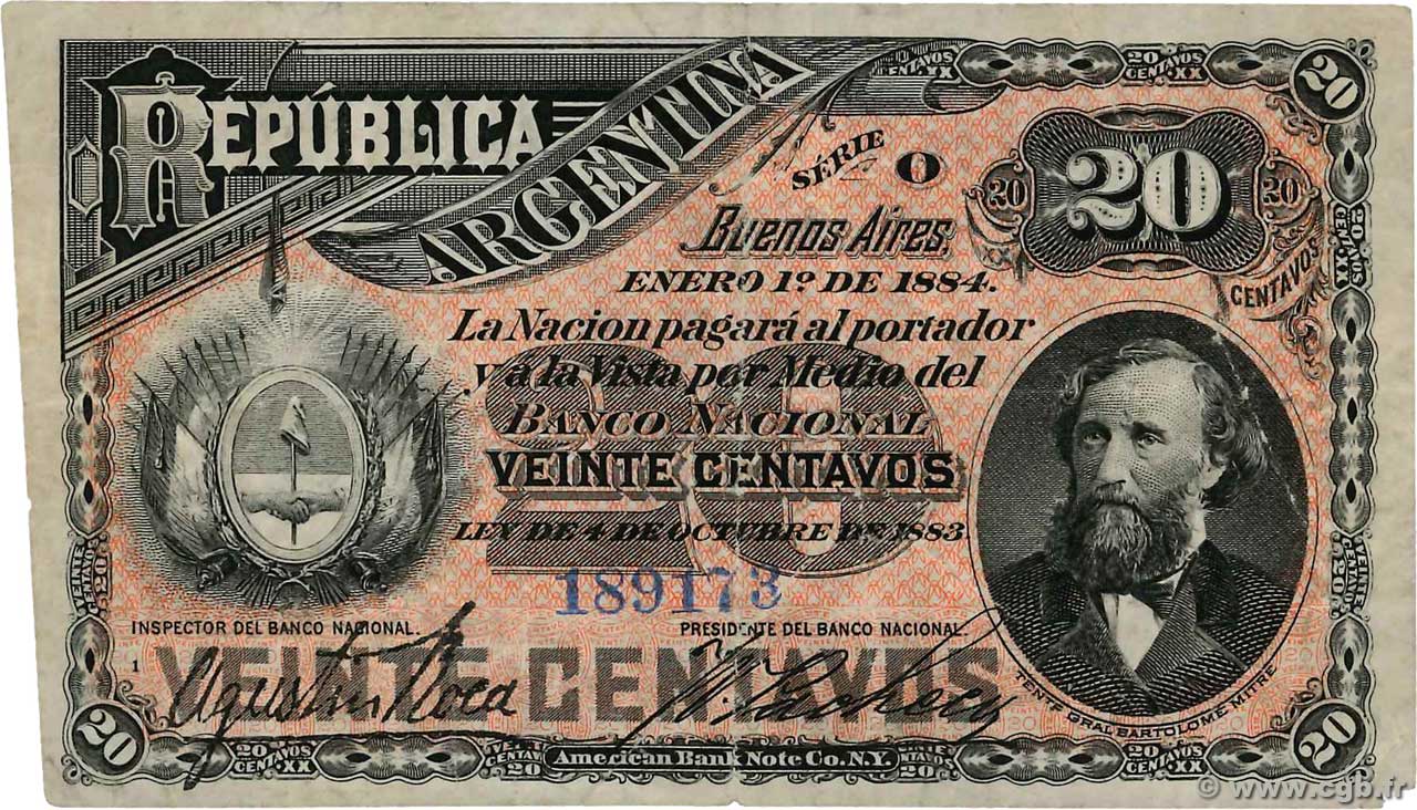 20 Centavos ARGENTINE  1884 P.007a pr.TB