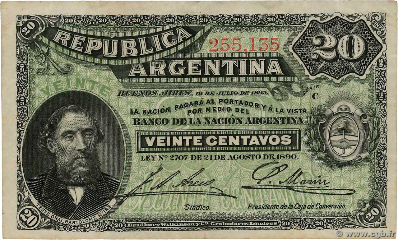 20 Centavos ARGENTINE  1895 P.229a pr.TTB