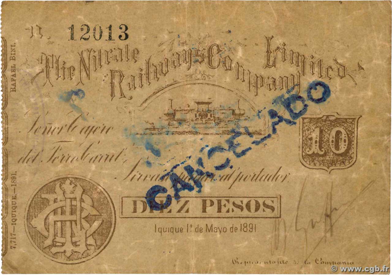 10 Pesos CHILE  1891 P. -  F