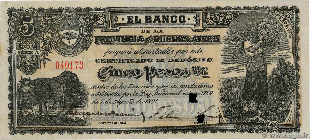 5 Pesos ARGENTINE  1891 PS.0575b pr.NEUF
