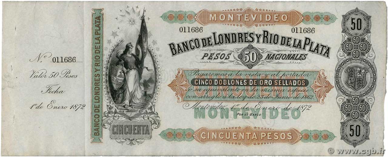 50 Pesos Non émis URUGUAY  1872 PS.238r pr.SPL