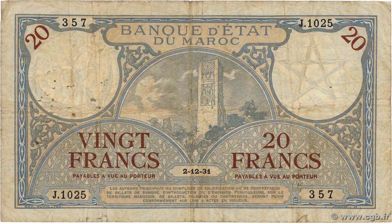 20 Francs MAROC  1931 P.18a B+