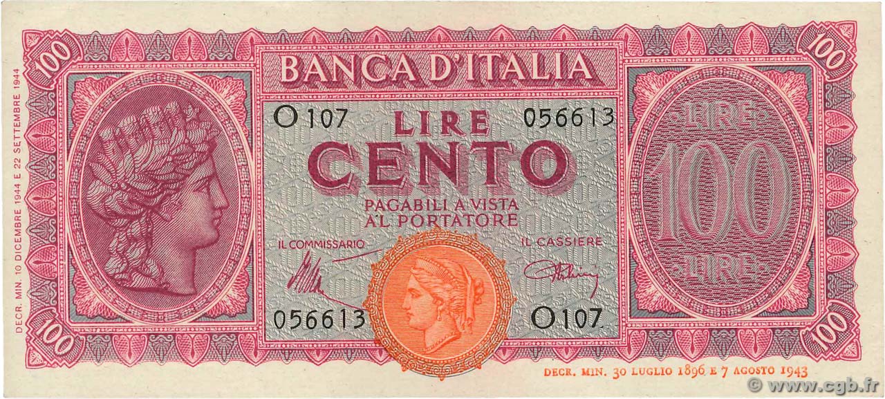 100 Lire ITALIE  1944 P.075a SUP+