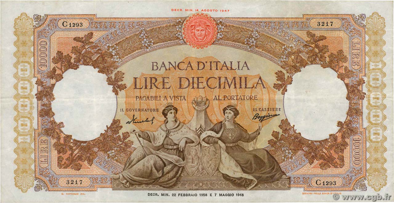 10000 Lire ITALIE  1958 P.089c pr.TTB