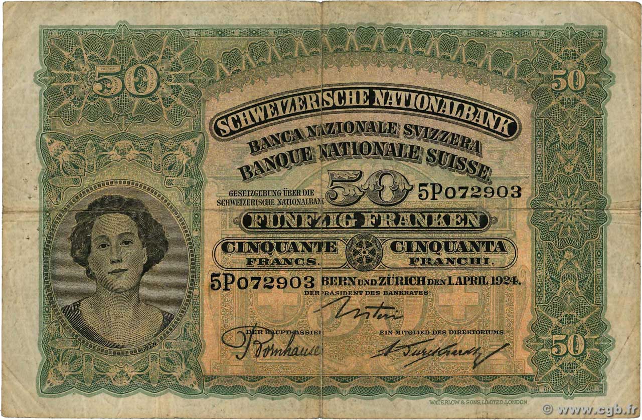 50 Francs SUISSE  1924 P.34a VG