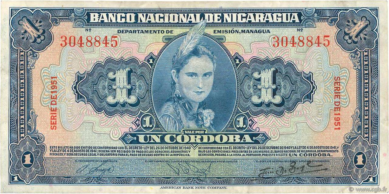 1 Cordoba NICARAGUA  1951 P.091b TTB
