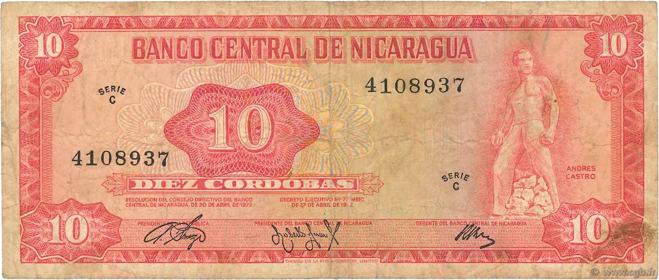 10 Cordobas NICARAGUA 1972 P.123 B+