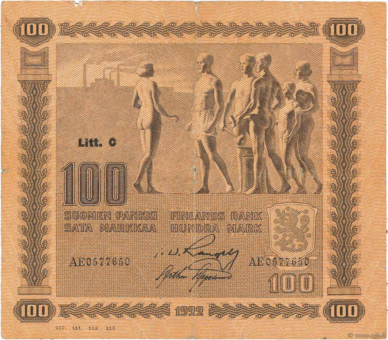 100 Markkaa FINLANDE  1922 P.065a pr.TB