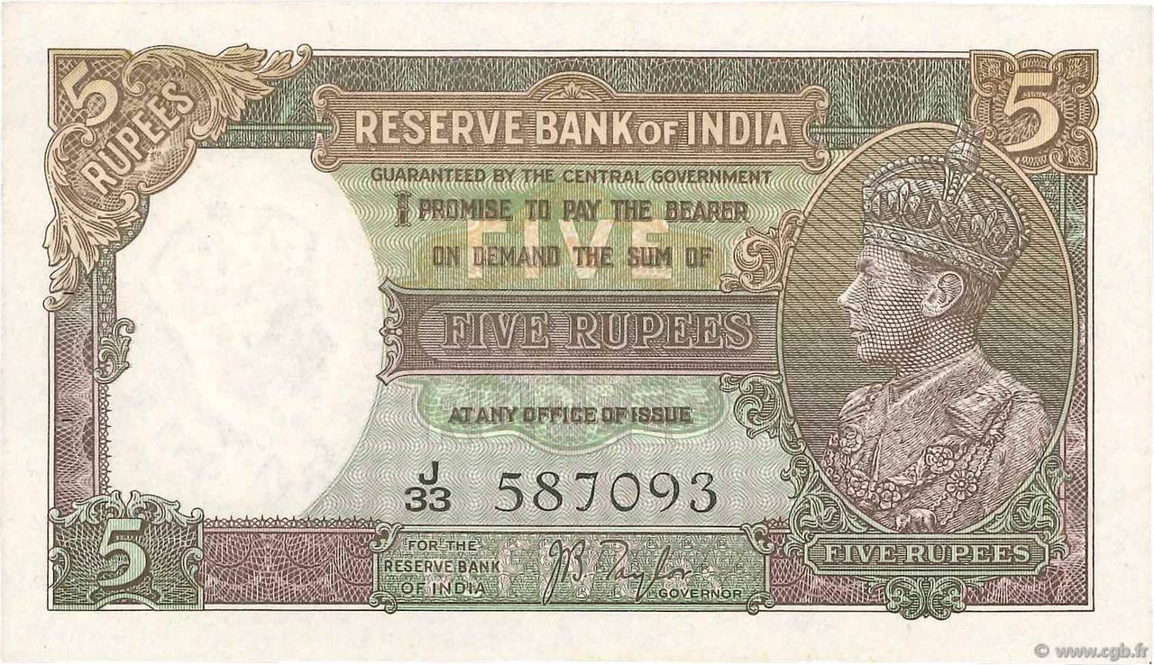 5 Rupees INDIA  1928 P.015a AU