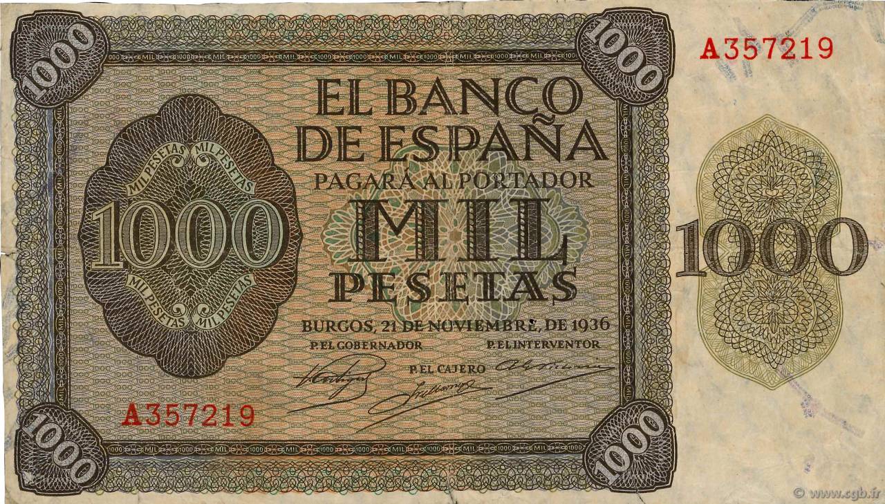 1000 Pesetas SPAGNA  1936 P.103a MB