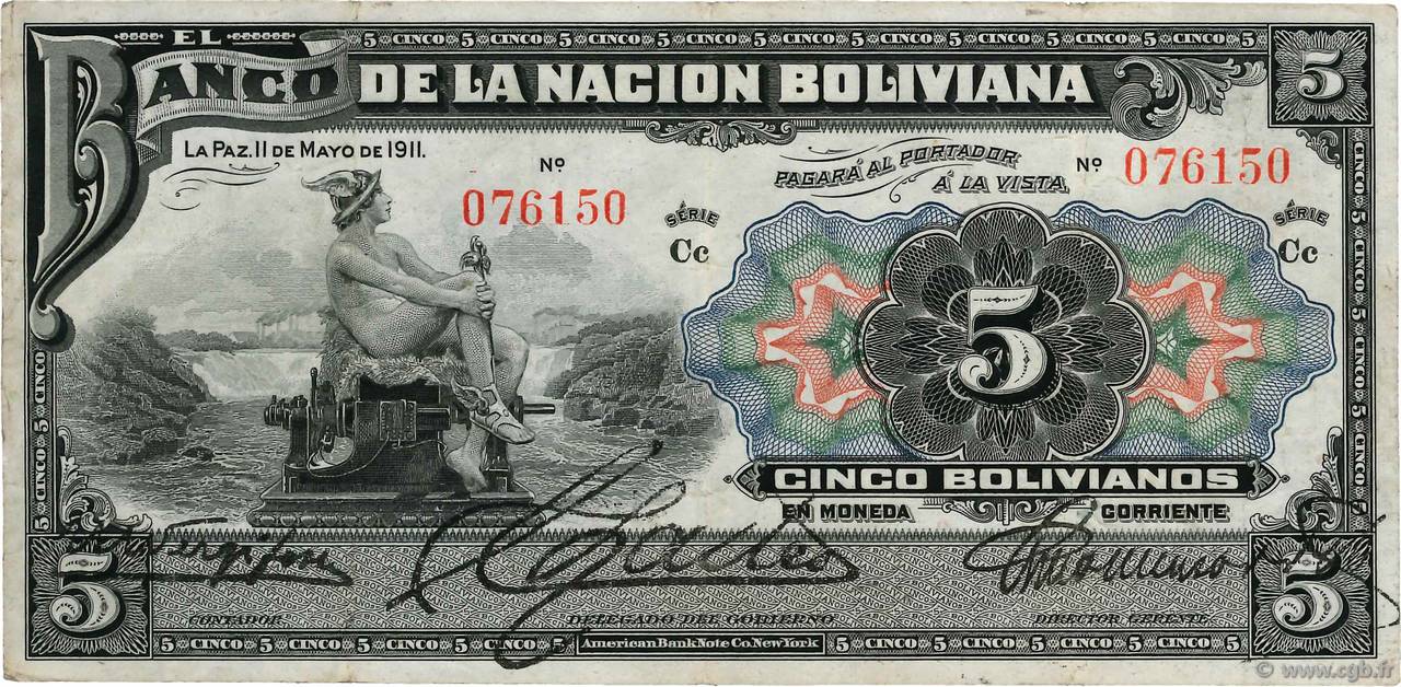 5 Bolivianos BOLIVIA  1911 P.105a MBC