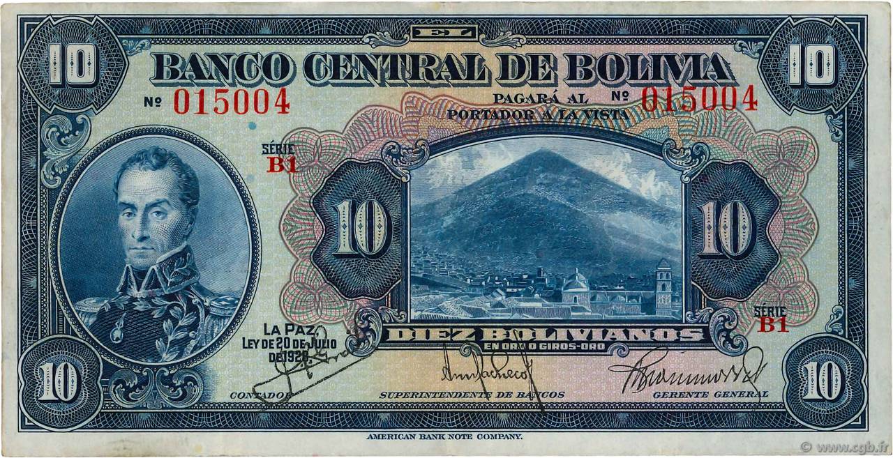 10 Bolivianos BOLIVIEN  1928 P.121a fVZ