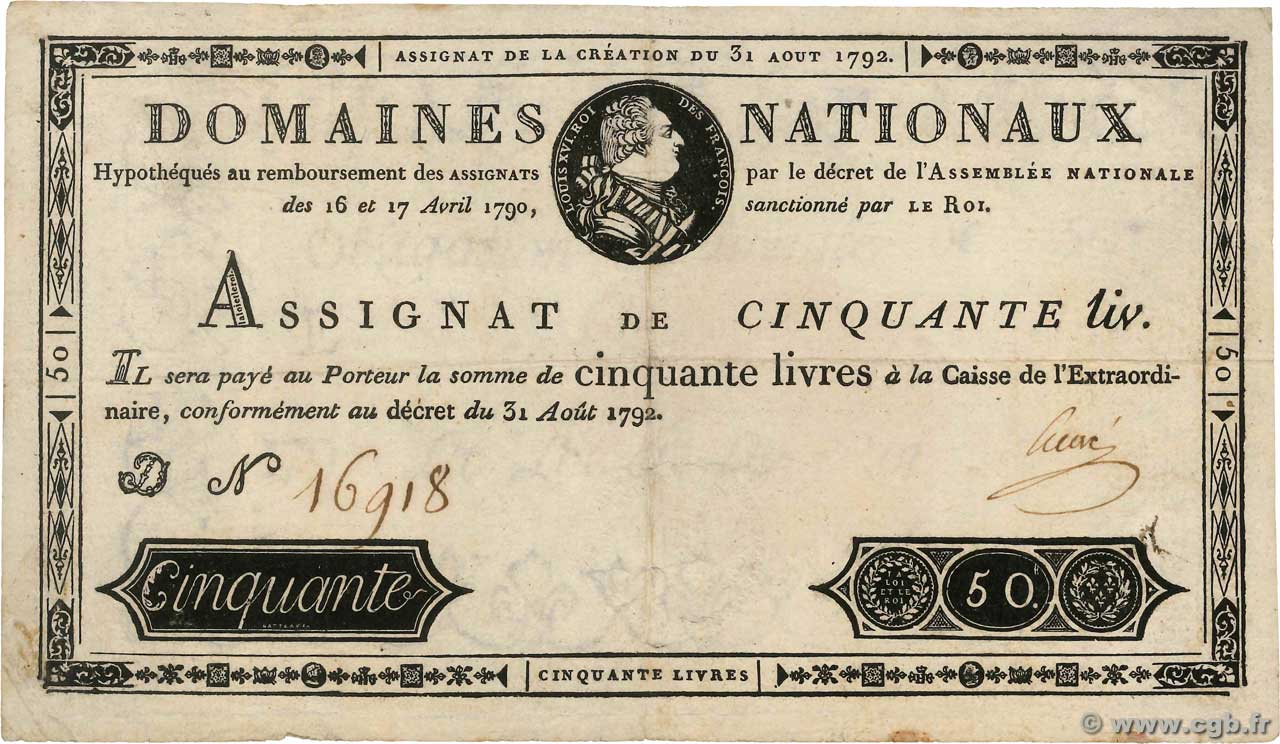50 Livres FRANCE 1792 Ass.32a pr.TTB