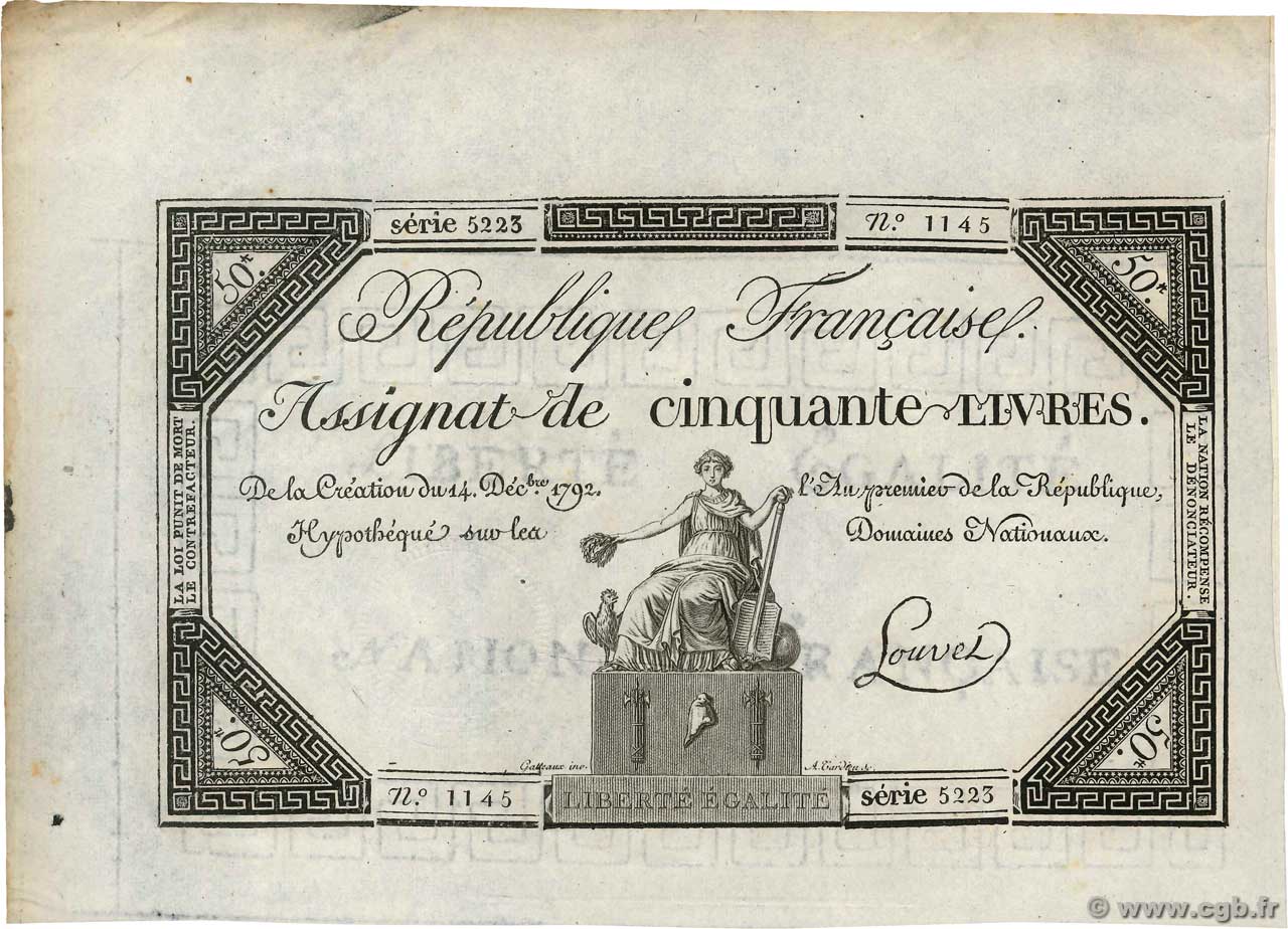 50 Livres FRANCE 1792 Ass.39a TTB+