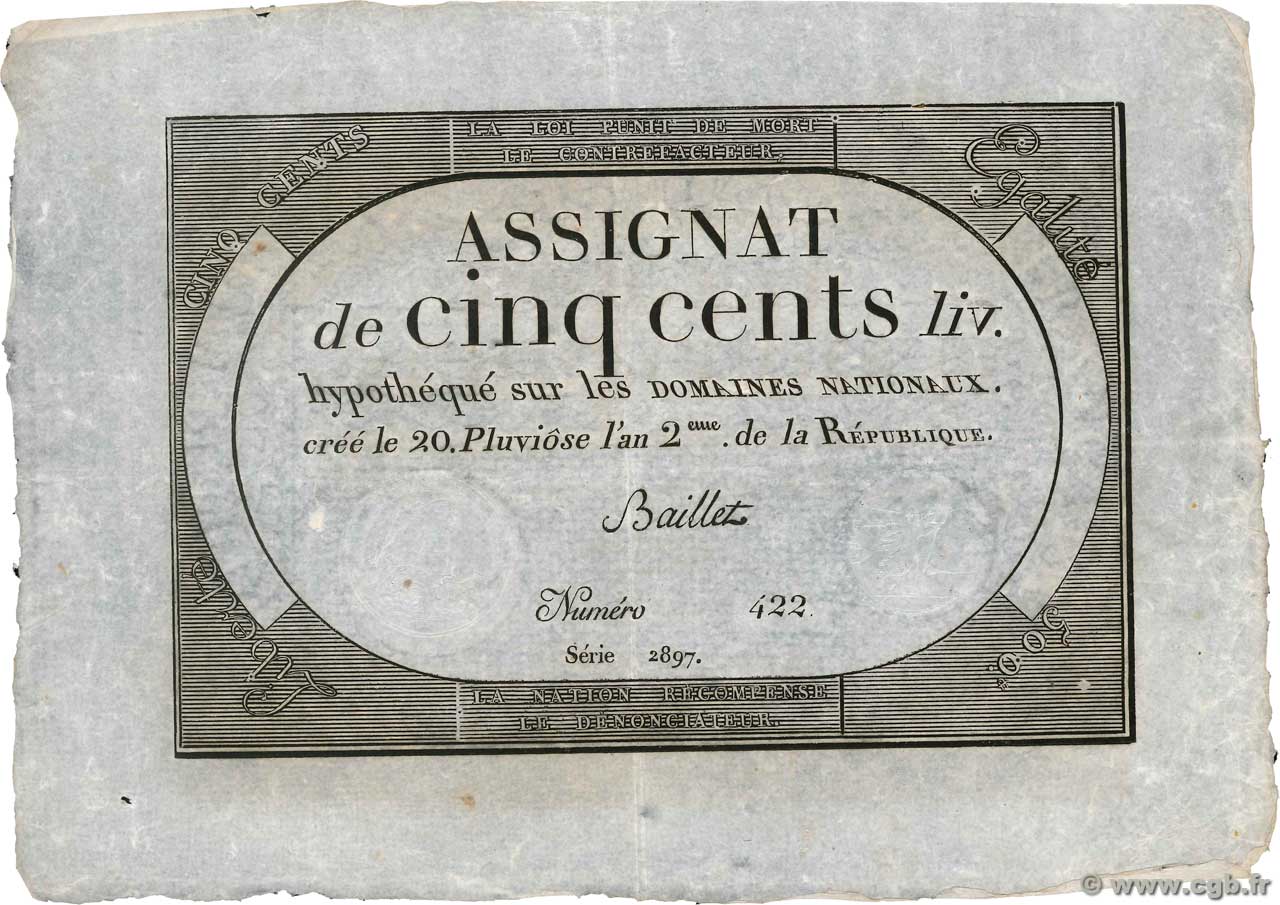500 Livres FRANCE 1794 Ass.47a TTB
