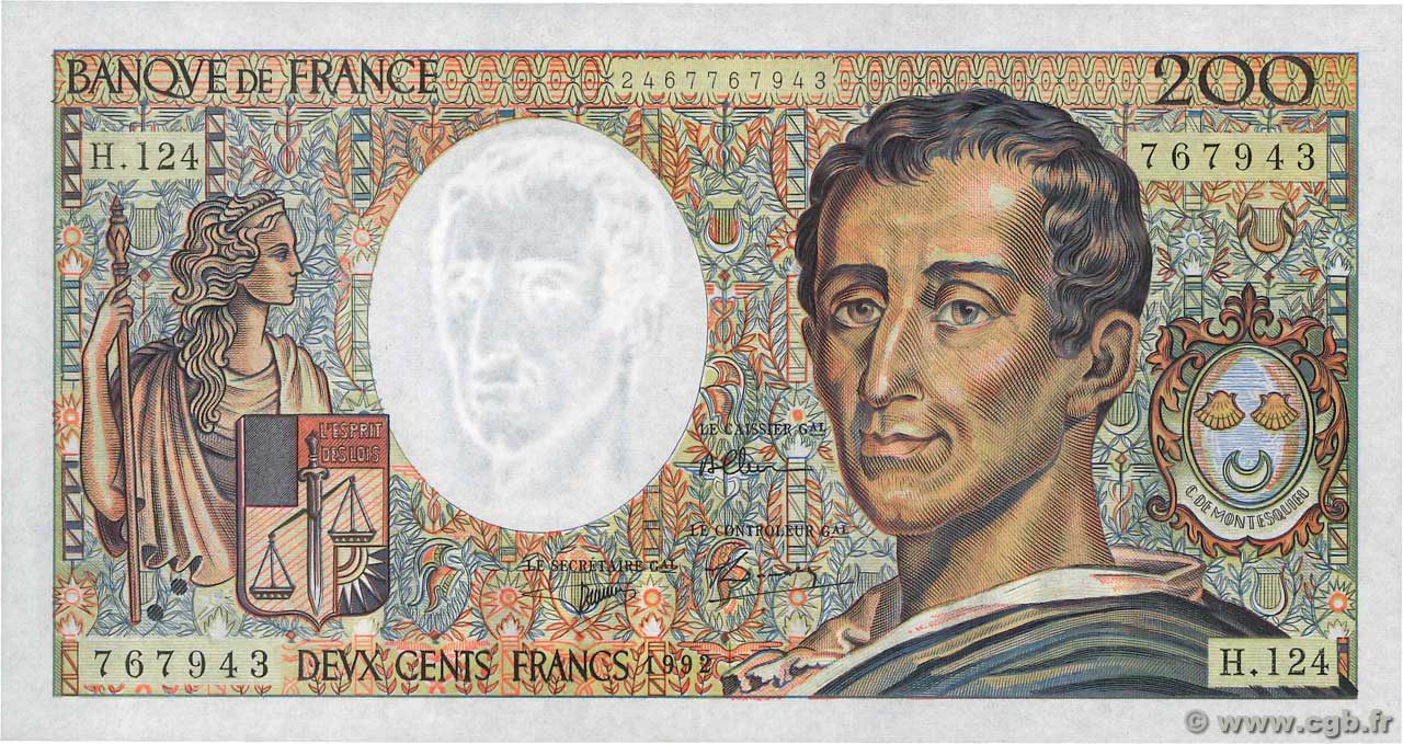 200 Francs MONTESQUIEU FRANCE 1992 F.70.12b SUP