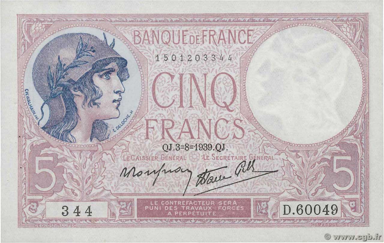 5 Francs FEMME CASQUÉE modifié FRANKREICH 1939 F.04.04 VZ