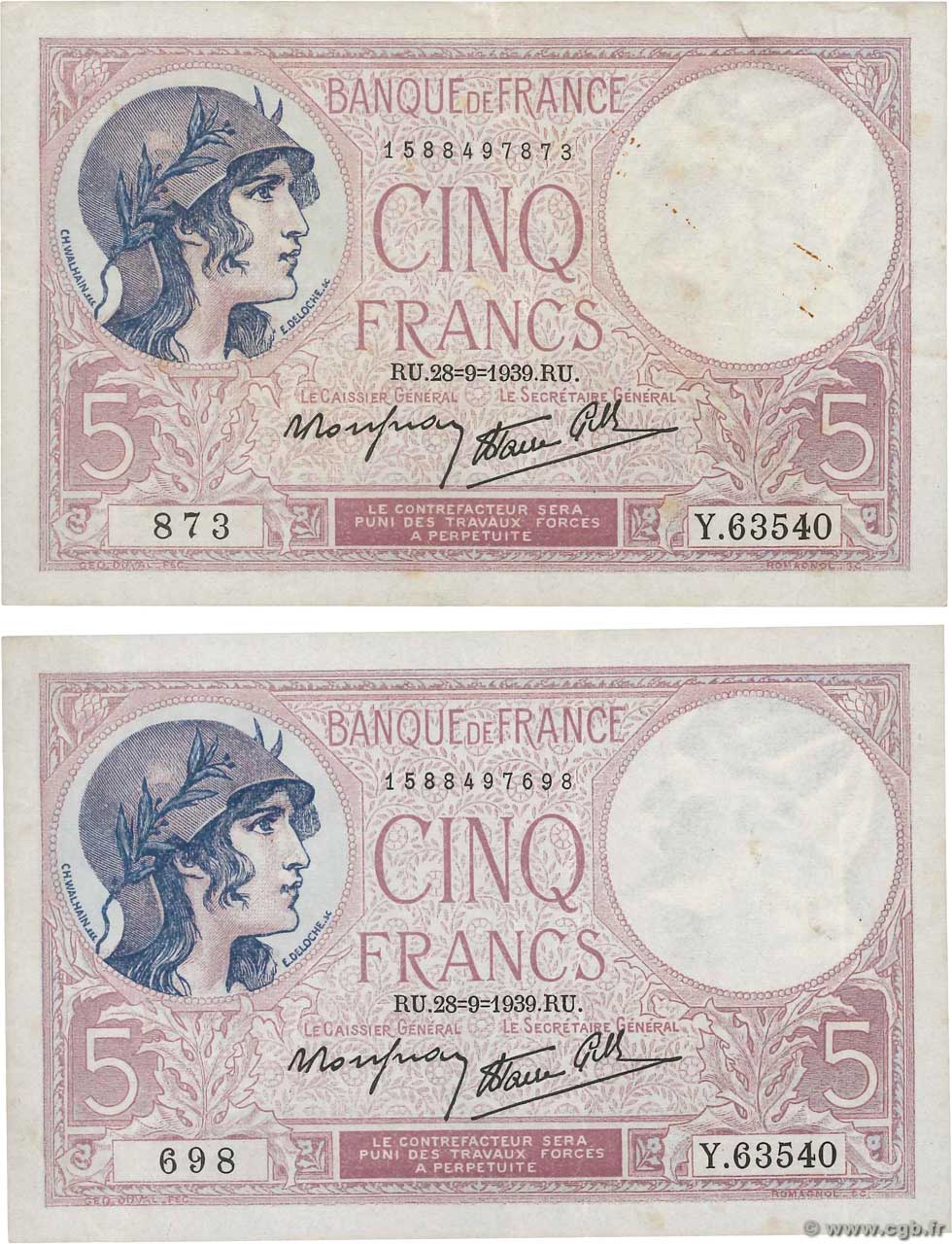 5 Francs FEMME CASQUÉE modifié Lot FRANCE  1939 F.04.10 VF
