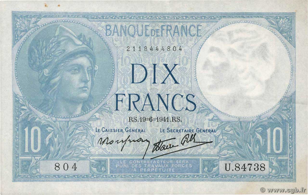 10 Francs MINERVE modifié FRANCE  1941 F.07.29 VF