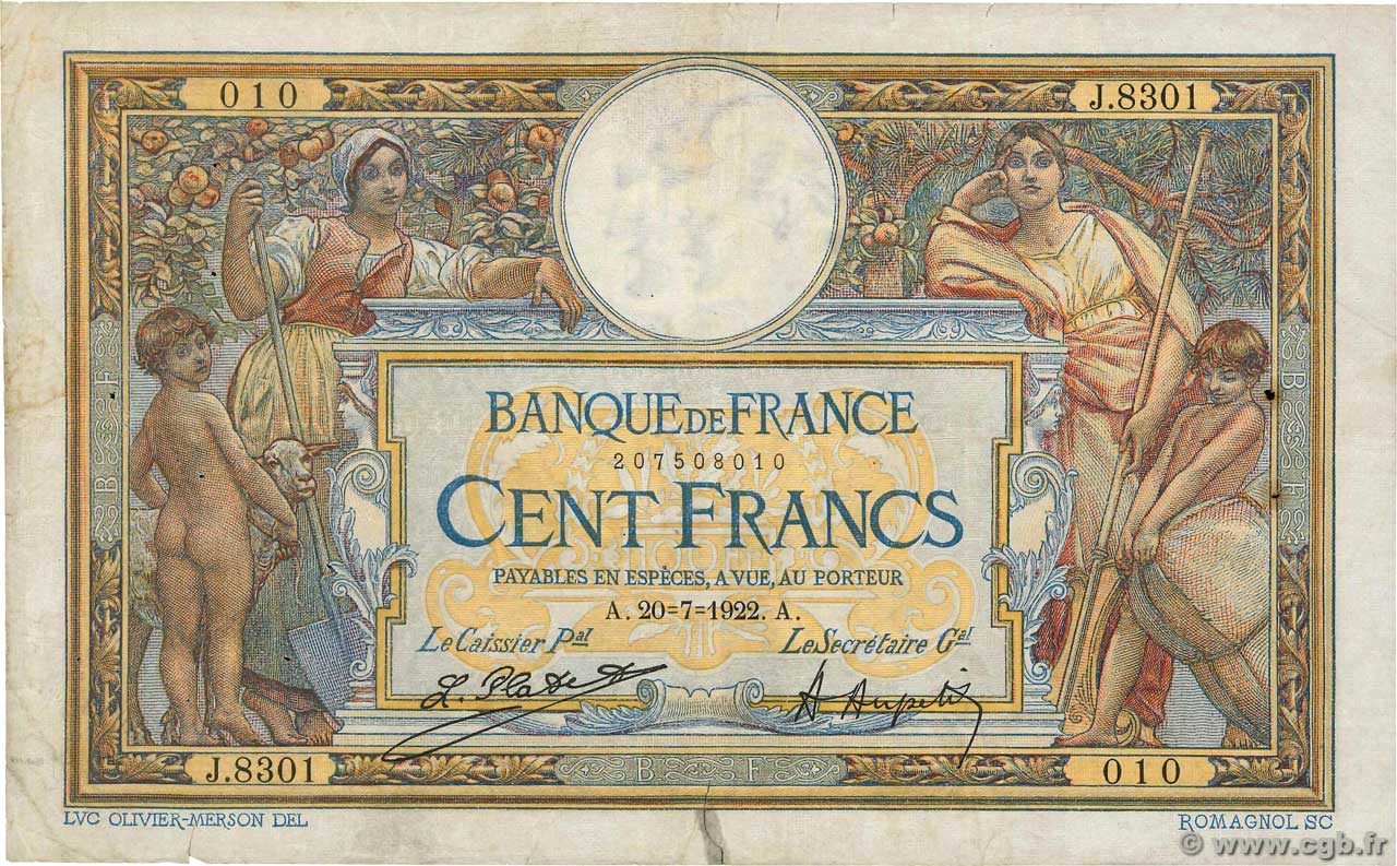 100 Francs LUC OLIVIER MERSON sans LOM FRANCE  1922 F.23.15 VG