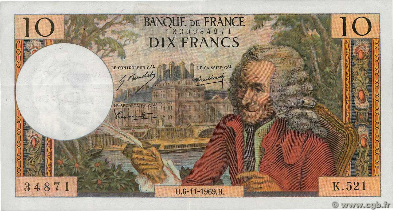 10 Francs VOLTAIRE FRANCE  1969 F.62.40 VF+