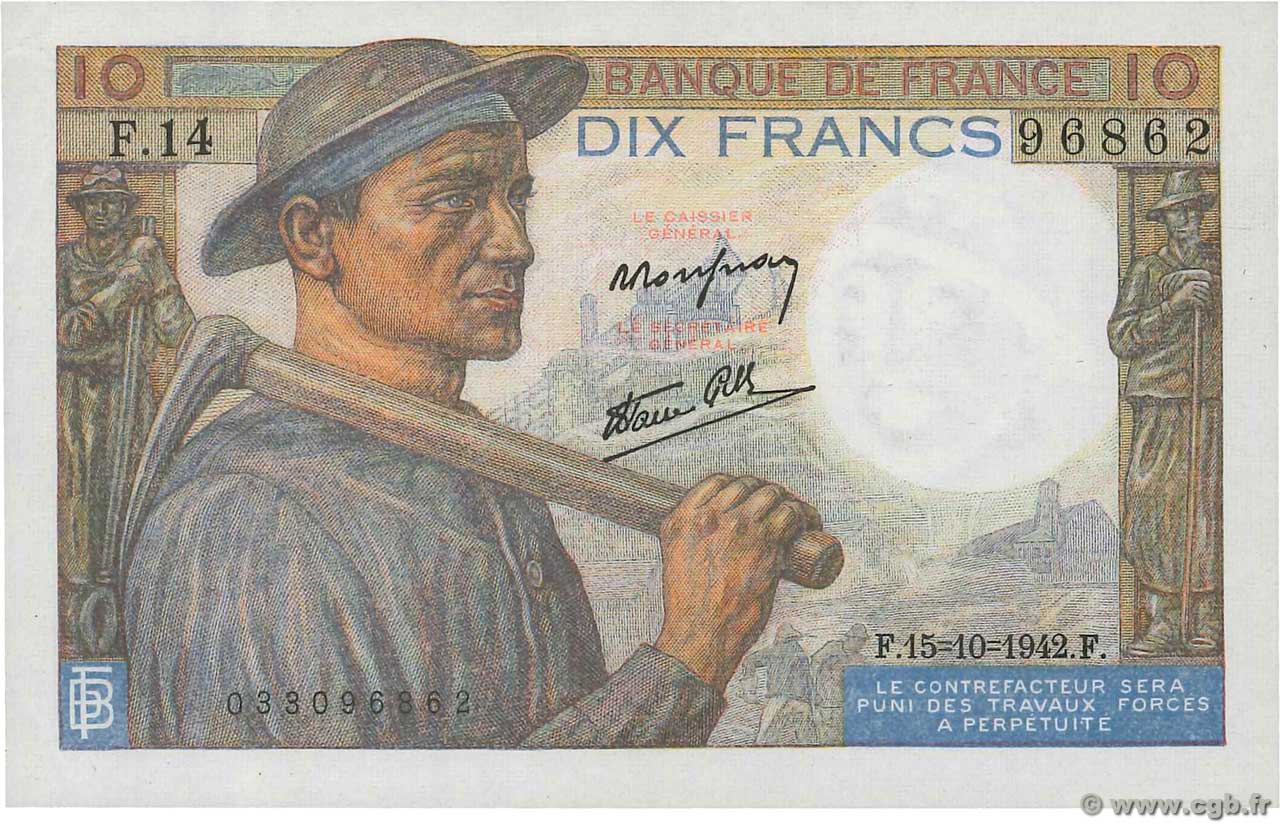 10 Francs MINEUR FRANCIA 1942 F.08.04 SPL