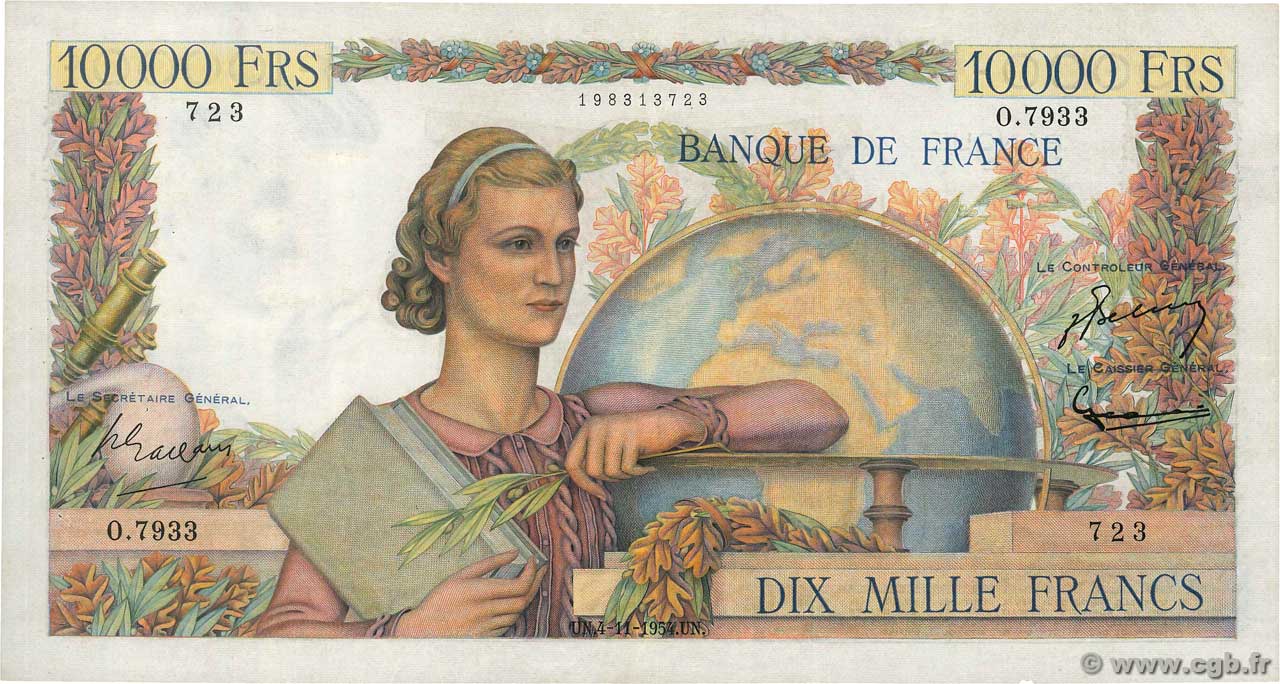 10000 Francs GÉNIE FRANÇAIS FRANCE  1954 F.50.72 VF-