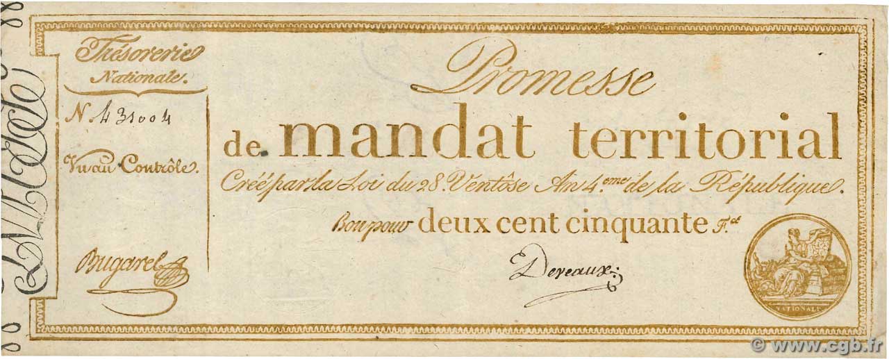 250 Francs sans série FRANCE  1796 Ass.61a VF