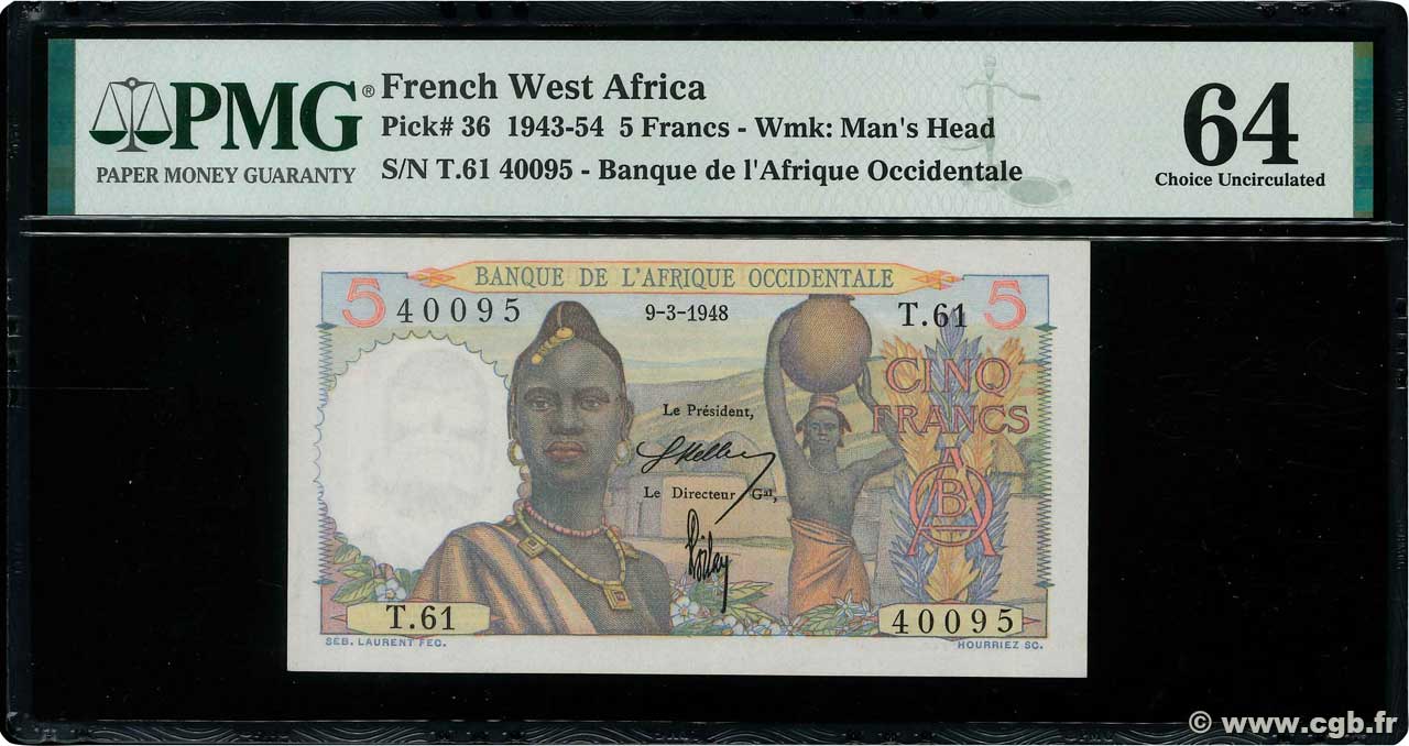 5 Francs FRENCH WEST AFRICA  1948 P.36 q.FDC