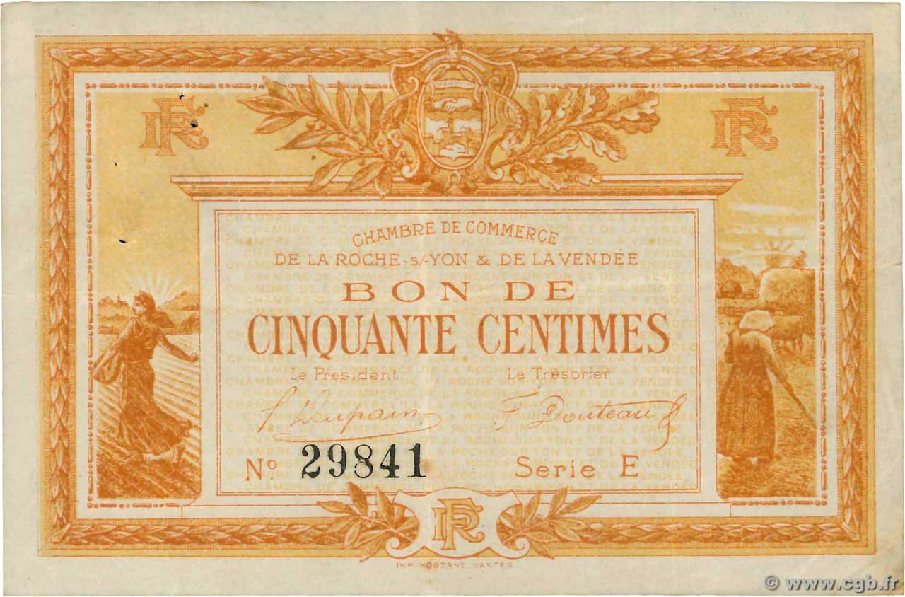 50 Centimes FRANCE regionalism and various La Roche-Sur-Yon 1915 JP.065.14 VF-
