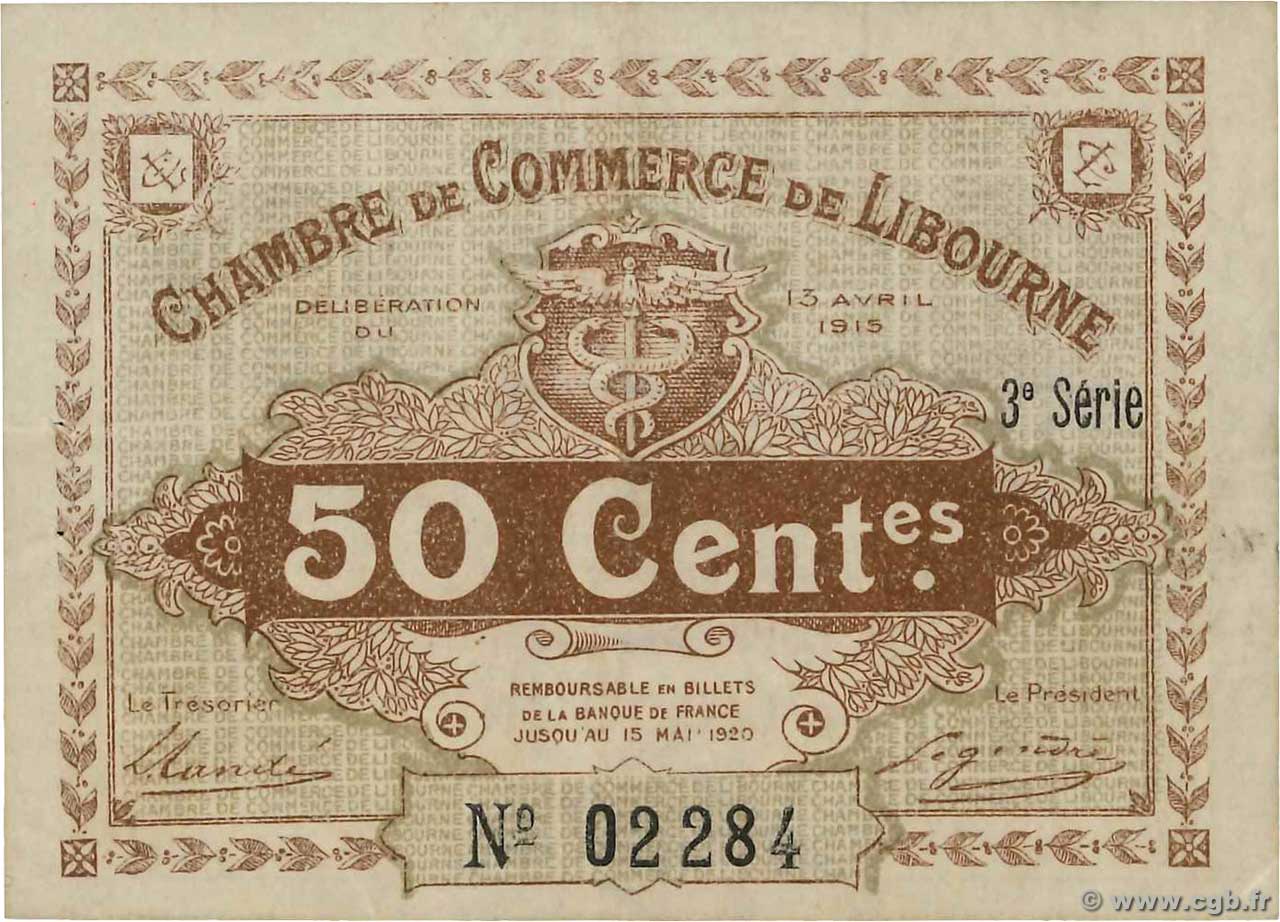50 Centimes FRANCE Regionalismus und verschiedenen Libourne 1915 JP.072.15 fVZ
