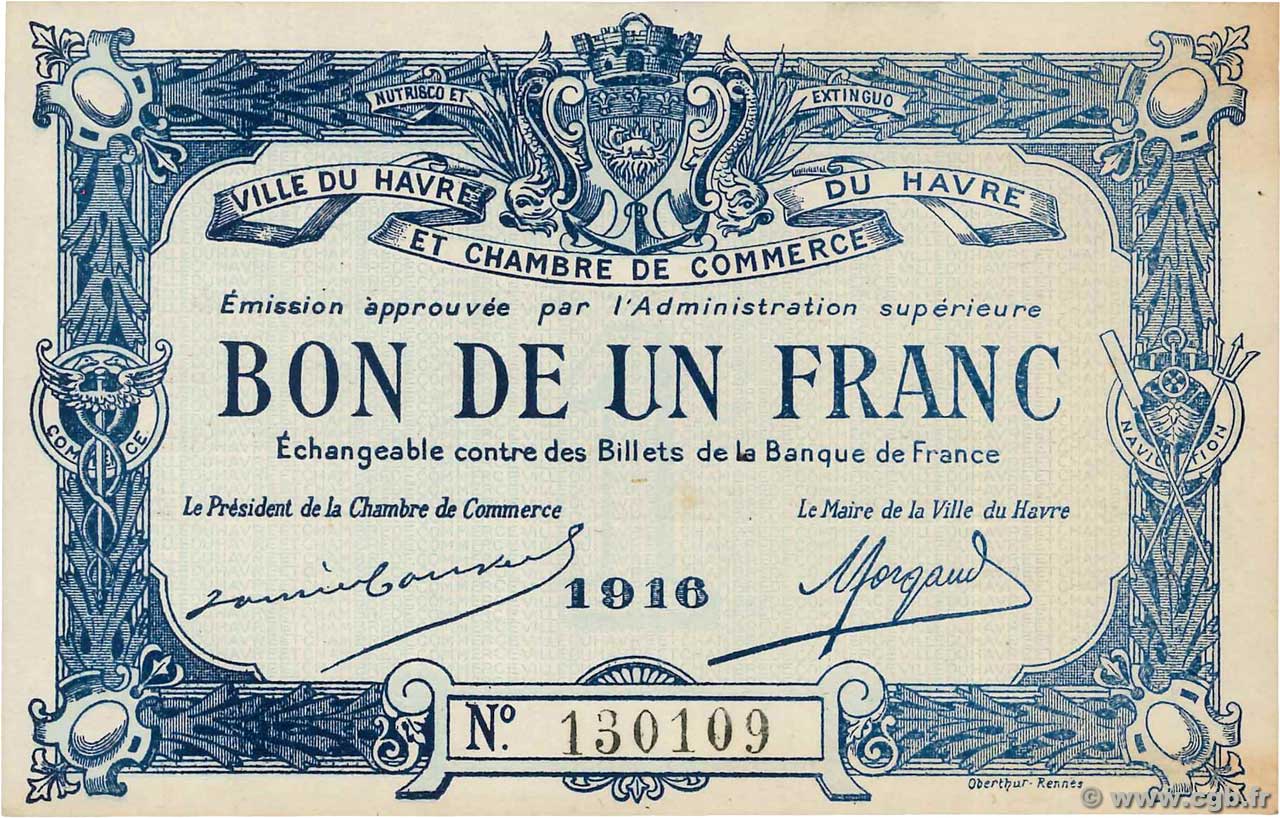 1 Franc FRANCE regionalism and various Le Havre 1916 JP.068.15 AU-